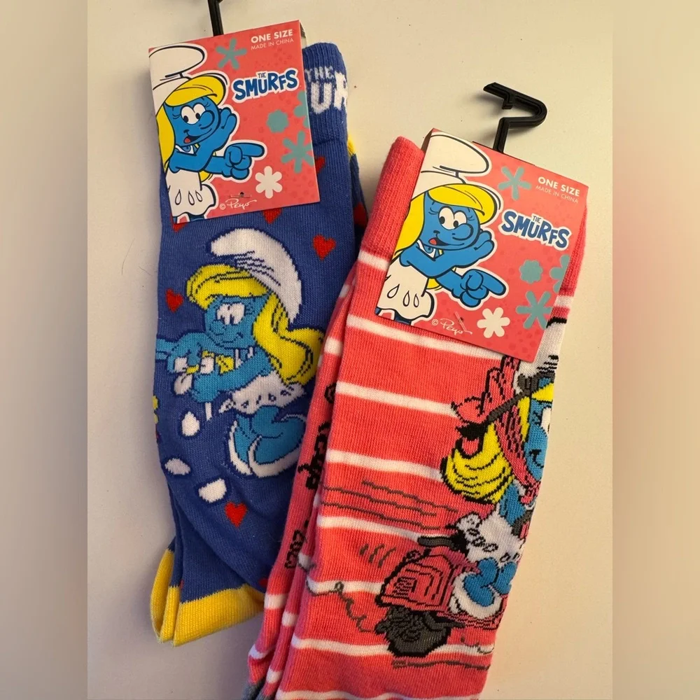 Gift Bundle of 2 Smurfs Socks featuring Smurfette Pink and Blue 80s Retro NWT